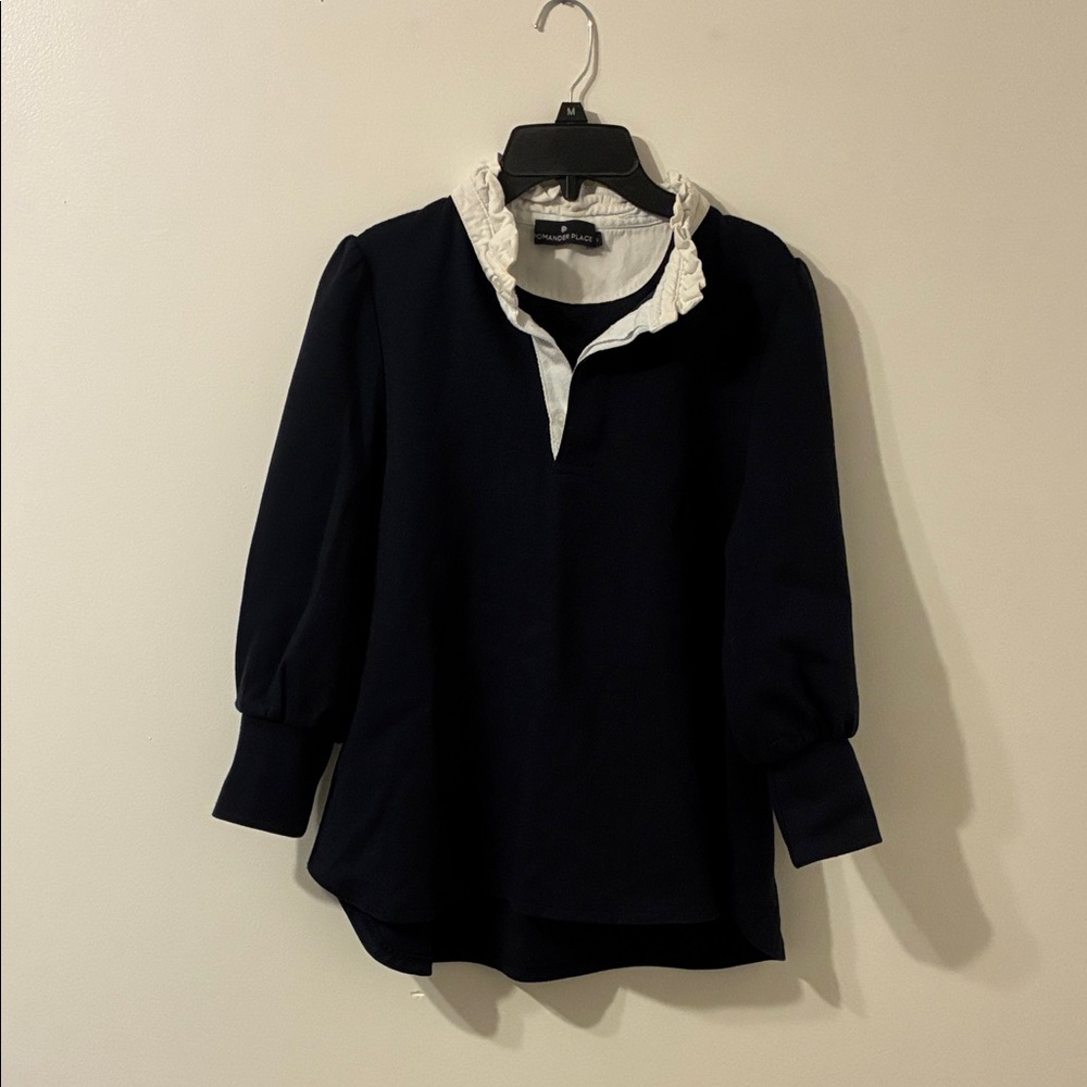 Pomander Place Navy Blue and White Ruffle Collar Top
